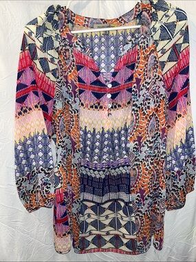 fig and flower Multicolor Geometric Tunic with Buttons